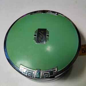 Art Deco Powder Bowl with green enamelling & silver overlay. Inscribed with an S